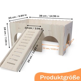 LANZLC Guinea Pig House with Ramp, 4 Entrances, Wooden Guinea Pig House, Guinea Pig Toy Accessories, Rabbit House, Rodent House for Small Pets, Dwarf Hamsters, Gerbils, Degus Spines