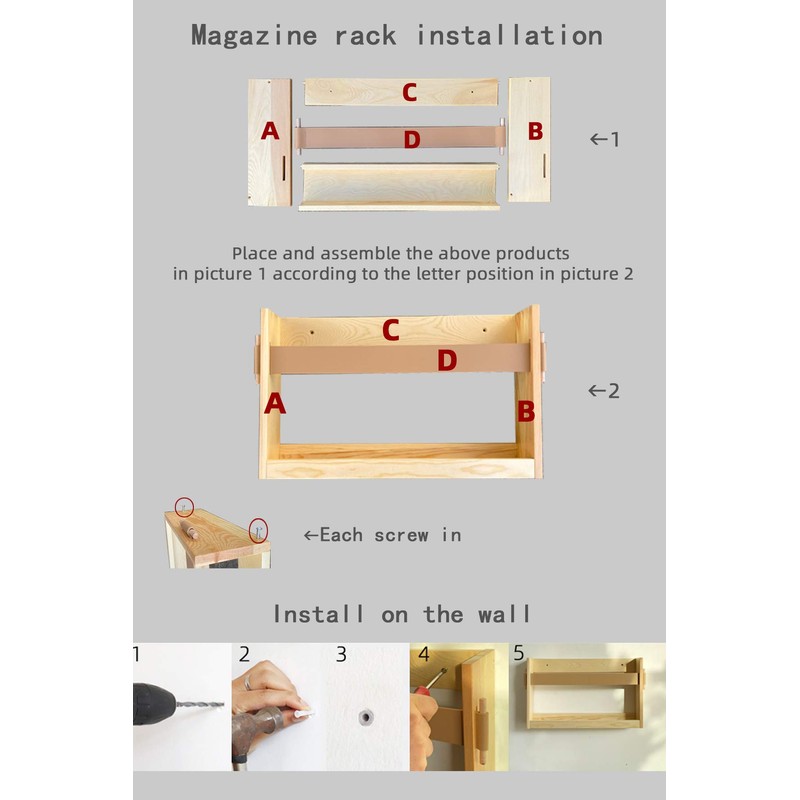 FIRADE Wall-Mounted Magazine Holder With PU Leather Strap,Wood Magazine rack,File
