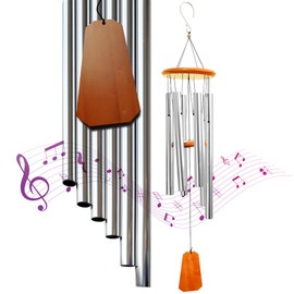 Hanway Beautiful Wind Chimes with Deep Tone for Outside - 6 Durable Anodized Aluminum Tubes, Real Wood Top & Windsail, Convenient Hanging Hook. for Indoor, Memorial, Sympathy,(Silver, 45 inches)