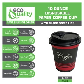 EcoQuality [300 Pack] 10oz Disposable Paper Coffee Cups with Black Dome Lids - For Hot, Cold Drink, Coffee, Tea, Cocoa, Travel, Office, Home, Cider, Hot Chocolate, To go, Compostable, Biodegradable,