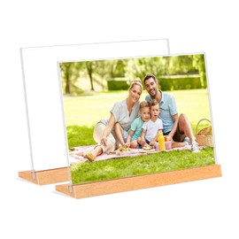 Folgtek 2 Pack A5 Clear Acrylic Sign Holder, 8 x 5 Inches Multipurpose L-Shape Table Stands Wooden Base Double Sided Menu Holder Display for Restaurants, Office