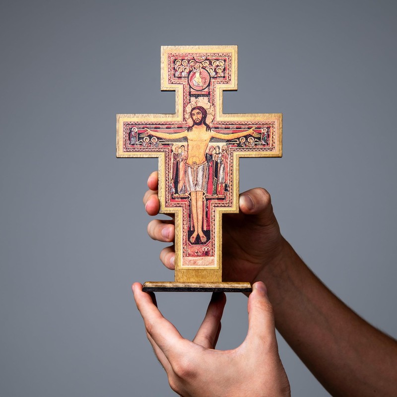 Intercession San Damiano Standing Wood Cross Crucifix