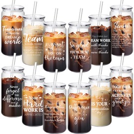 Tioncy 12 Set Employee Appreciation Gifts Bulk 16 oz Christmas Thank You Plastic Cups for Team Coworkers Reusable Drinking Cups with Lids and Straws for Staff Gifts(Clear,Team)