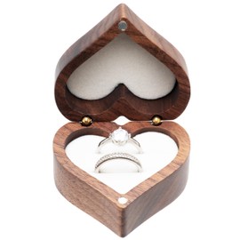 COSISO Solid Walnut Wood Double Ring Box Case for Wedding Ceremony Engagement Proposal,Heart Wooden Ring Holder for 2 Rings (Beige Inner)