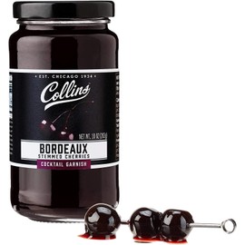 Collins Bordeaux Stemmed Cherries (3 Pack, 10oz Each) bundled with complimentary 4-count Stainless Steel Cocktail Picks - Premium, Dark Cherry Garnish For Cocktails, Bourbon Cherries For Old Fashioned, cherries for manhattan cocktail - Multipack - Bulk