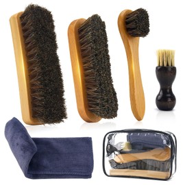 IKI Deluxe 5-Piece Shoe Polishing Brush Set Made of Horsehair, Leather Shoe and Boot Care Brush, Suede Cleaning Brush with Microfibre Cloth