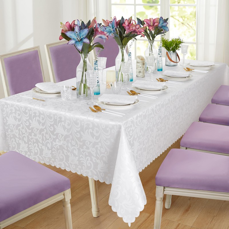 HommxJF Wave Scroll Damask Jacquard Rectangle White Tablecloth 60"x102"，Wipeable Table
