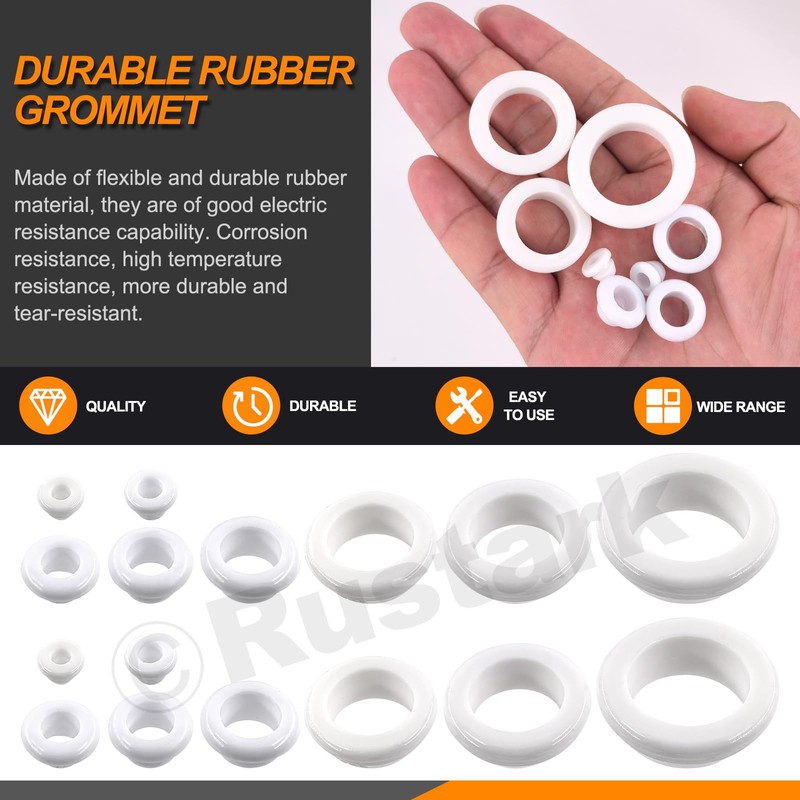 Rustark Pack of 100 8 Sizes White Rubber Grommets Assortment