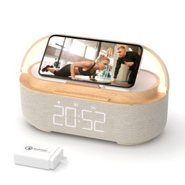 COLSUR Bluetooth Speaker Alarm Clock with Wireless Charger, FM Radio, Adjustable LED Night Light, 6 in 1 Bedroom Portable Speaker 2500mAh, Phone Stand for Bedside, Home, Office, Gift