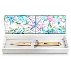 Ballpoint Pen for Women, Fancy Pen for Journaling and Writing, Inspirational Pen with Motivational Saying 'Follow Your True North', Gift Box, Light Pink Lacquer Pen with Gold Trim, Black Ink