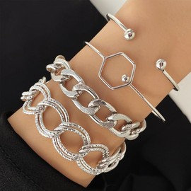 Stackable Gold Open Cuff Bracelets Set for Women Adjustable Cuban Link Chain Bangles Pack Chunky Wide Hollow Chain Bracelets Jewelry Accessories(Silver)
