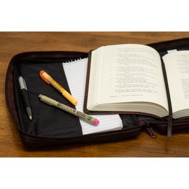 Burgundy Embossed Cross with Front Pocket Leather Look Bible Cover with Handle, Large