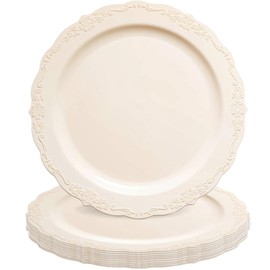 Kaya Elegant Ivory Vintage Round Disposable Plastic Salad Plates - 7.5" (Packs of 10) - Premium Quality & BPA-Free Materials, Perfect for Any Occasion