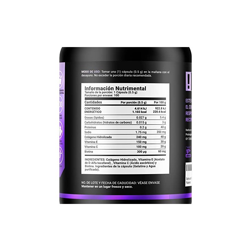 Biotina 100 Cápsulas Ingredientes Naturales Colágeno Vitamina Collagen Bio Life
