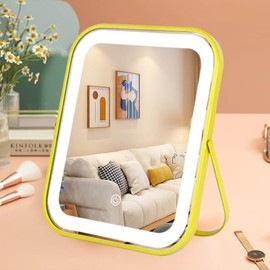 YEKKOPT Gold Vanity Mirror with Lights,10"x8" Rechargeable LED Lighted Makeup Mirror, Large Makeup Mirror with Lights, Touch Screen with 3-Color Lighting, Dimmable, for Vanity Desk Tabletop, Bedroom