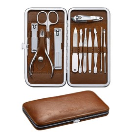 FAMILIFE Manicura Kit de Pedicura Profesional Juego de Cortaúñas Hombres 12 Piezas Kit de Aseo con Lujoso Cuero Estuche de Viaje (D-Marrón) Traje de Regalo