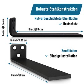 Pack of 2 Shelf Brackets, Shelf Brackets, 20 cm, Heavy Duty L Shelf Bracket with Mounting Screws for Living Room, Office, Kitchen, Load Capacity 75 kg (Black) 8 Inches