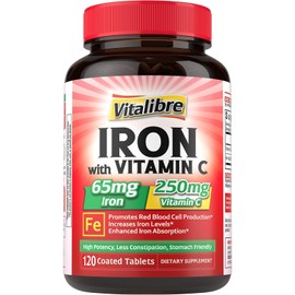 Iron Supplement 65mg with Vitamin C, Stomach Friendly Carbonyl Iron, High Absorption, Once Daily, Gluten Free, Non-GMO, 120 Tabs
