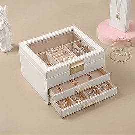 Somduy Jewelry Box Organizer for Women,3 Layers Jewelry Storage Display Box with Glass Lid,Gift for Christmas,3 Drawers,Large Capacity for Necklace Earrings Bracelets Rings,White