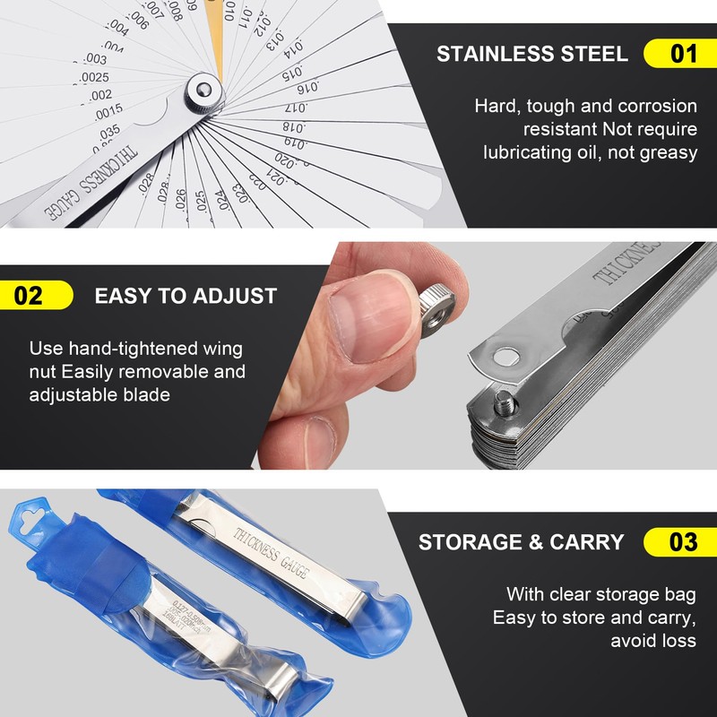 2 Pcs Stainless Feeler Gauges, 32 Pieces Universal Blade Feeler
