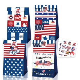 HeartYue 12 Pcs 4th of July Goodie Gift Bags Independence Day Treat Bags with Stickers, Red White Blue American Flag Goody Bag for Memorial Day Veterans Day Party Decoration Supplies