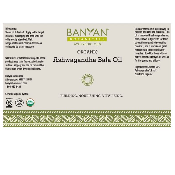 Banyan Botanicals Ashwagandha Bala Oil 4 oz - USDA Organic - Building & Nourishing - Vitalizing Herbal Massage Oil for Muscles & Joints*
