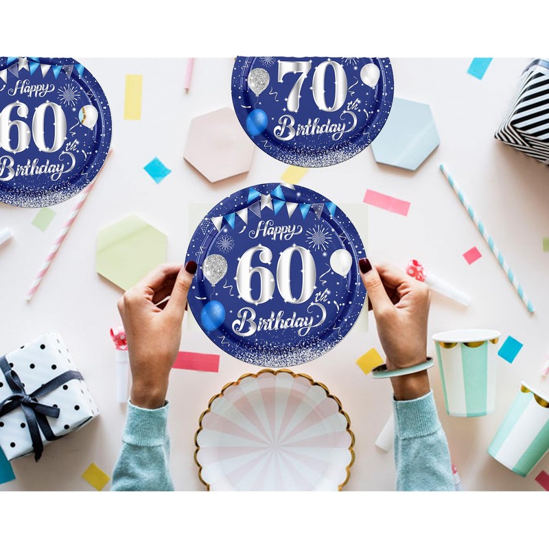 16Pcs Navy Blue 70th Birthday Paper Plates 7inch for Party