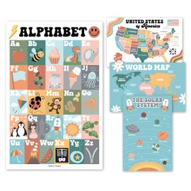 Hadley Designs 4 Retro Pre K Learning Posters For Kids 1-3-ABC Poster For Kids Wall, Solar System Poster For Kids Maps, Preschool Classroom Map Of The World Poster, Kindergarten Homeschool Supplies