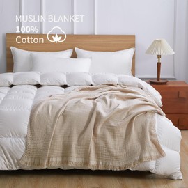 AORISSI 100% Cotton Muslin Throw Blanket for Bed, Couch, Sofa, Decorative, Cozy, Soft, Pre-Washed, Breathable and Lightweight Gauze Blanket with Tassels, Suitable for All Seasons, Beige, 50"x60"