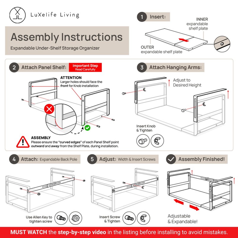 Under Shelf Storage Basket Organizer Expandable - Adjustable Width Height
