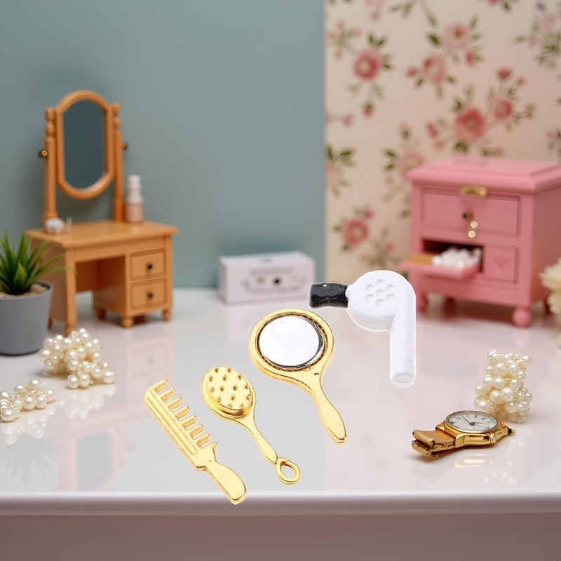 4Pcs Miniature Comb, Hair Dryer Mirror Makeup Set, 1:12 Scale