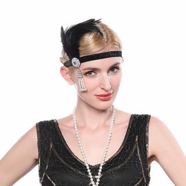 Teyglen Flapper Feather Headband 1920s Headpiece Vintage Black Feather Crystal Headwear with Pearl Tassel 20s Headpiece Hair Accessories for Women Girls Party Prom