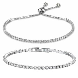 XENQITO 2 Pieces Tennis Bracelet, Women's Silver Friendship Bracelet, Silver Bracelet, Women's Cubic Zirconia Bangle Bracelet for Women, Stainless Steel Bracelets, Gift for Mum, Friend, Daughter