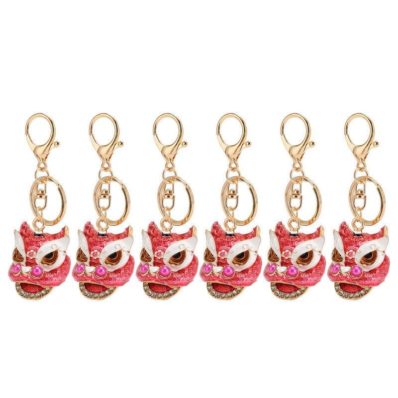 6pcs Lion Dance Keychains Cute Funny Rust Prevention Rhinestone Keychain