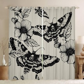 Gothic Skull Window Drapes Decorative Death Moth and Flowers Curtains For Kids Teens Bedroom Decor Breathable Pesonalized Skeleton Bones Curtain Black Cream Window Curtains(2 Panels, 42 x 84 Inch)