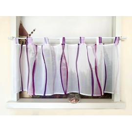 Devola Net Curtain with Wave Pattern Short Curtain Print Short Curtain with Loops Kitchen Curtain Short Modern Voile Bistro Curtain Transparent H x W 60 x 90 cm Purple Pack of 1