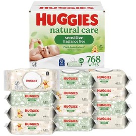 Huggies - Toallitas para bebés Natural Care Sensitive, sin perfume, hipoalergénicas, 99% de agua purificada, 12 paquetes abatibles (768 toallitas en total), el embalaje puede variar