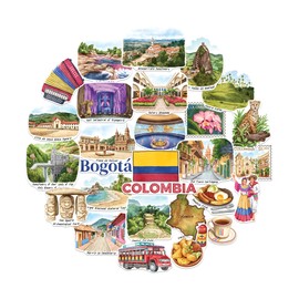Navy Peony Colorful Colombia Travel Stickers (28pcs) - Hand-Illustrated, Cumbia, Colombian-Themed Vacation Decals for Journals, Scrapbooks, Luggage