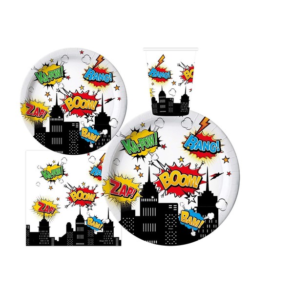 Oojami Serves 30 Complete Party Pack Superhero 9" Dinner Paper Plates 7" Dessert Paper Plates 9 oz Cups 3 Ply Napkins Super Hero Party Theme