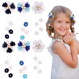 TODDER 6 PCS Hair Bows for Girls, Flower Hair Accessories Grosgrain Ribbon Hair Clips for Toddler Girls Cute Pigtail Hair Bows for Birthday, Themed Party, Christmas, Back to School(Blue and White)