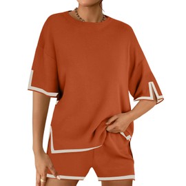 Tankaneo Womens 2 Piece Outfits Tracksuits Summer Short Sleeve Knit Sweater Tops and Shorts Matching Lounge Set