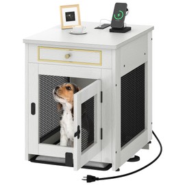 DWVO Dog Kennel Furniture with Dual USB Charger, Dog Crate End Table with Tray, Wooden Dog Crate Furniture with Cushion for Small Dogs, White