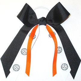 Volleyball Hair Bow - Made in the USA, White Pony Band (Black/Orange)
