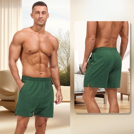 Amy Coulee Mens Sleep Shorts 4 inch Cotton Lounge Shorts Split Side Lightweight Pajamas Bottoms with Pockets (Green Heather, M)