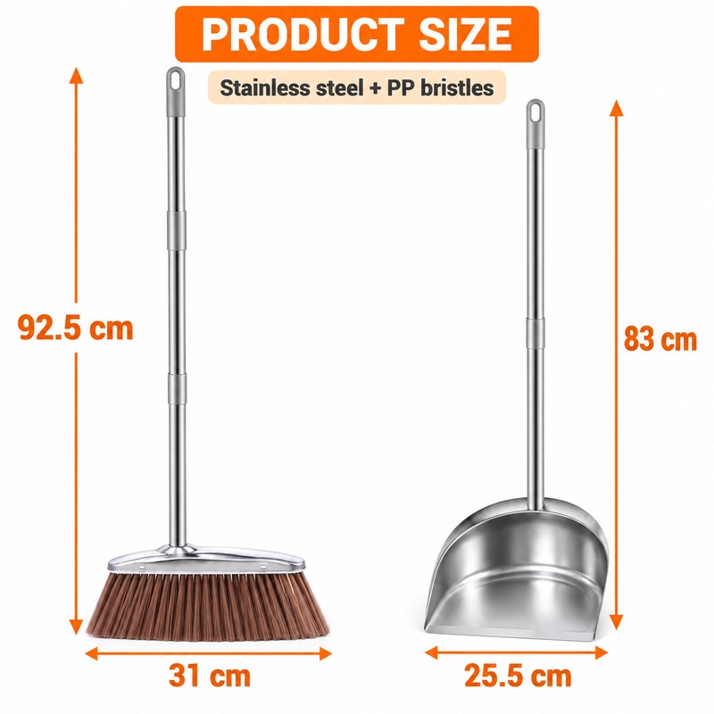 Stainless Steel Broom & Dustpan Set with Long Handles, Round
