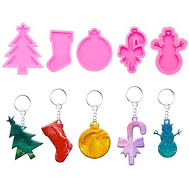 45Pcs Christmas Style Resin Molds Kit - Christmas Tree/Sock/Round Ornament/Snowman/Crutches Shape with Hole Keychain Pendant Silicone Mold Epoxy Casting Mould with Keychains for DIY Christmas Gift
