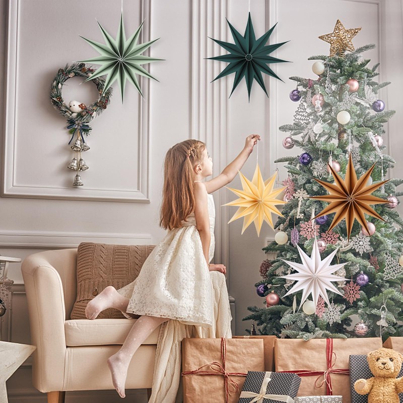 BestoFun 5 PCS 12-Pointed Sage Green Paper Star Lanterns Hanging