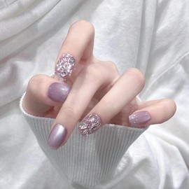 Press On Nails, Beauty Pattern Fake Nails, Summer Cute Stick on nails, Short Square Almond Ballet Shape Glue on Nails on 24PCs (Purple Cat Eyes)