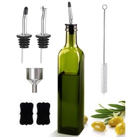 Leaflai Olive Oil Dispenser Bottle, 17oz Glass Oil Dispenser and Vinegar Dispenser Set 500ml Green Glass Oil Bottle Dispenser with Pourers,Funnel and Brush
