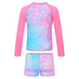 Girls Swimsuit Size 10-12 Years Old Colorful Graffiti Bathing Suit Long Sleeve Rash Guard with UPF 50+ Sun Protection